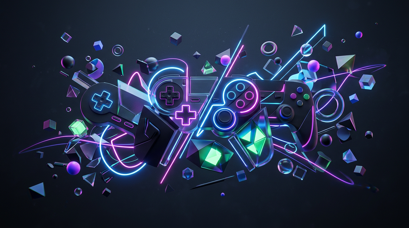 Abstract 3D gaming elements and geometric shapes.